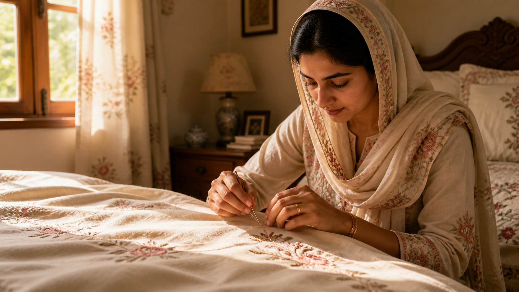 A woman artisan hand-embroidering a cream linen bedsheet in soft morning light