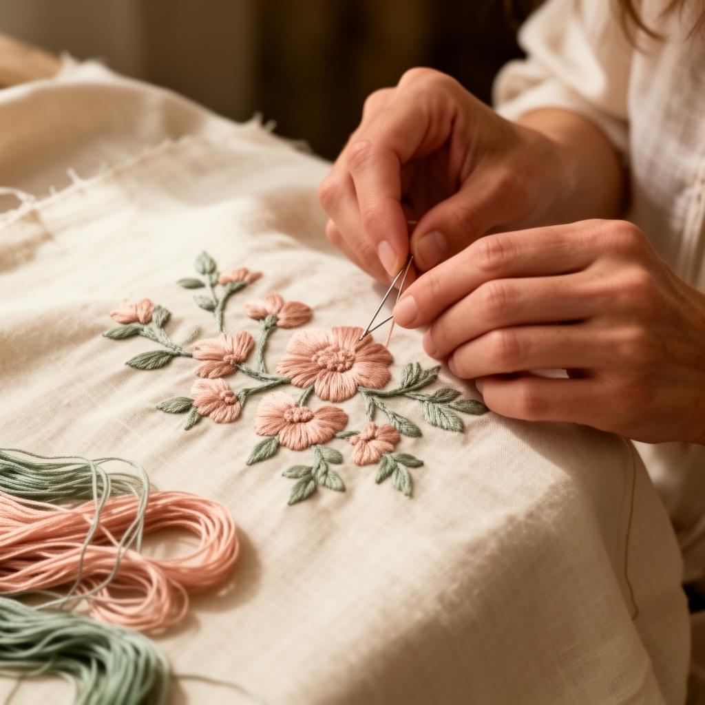 Hands embroidering pink and sage floral motifs onto cream linen